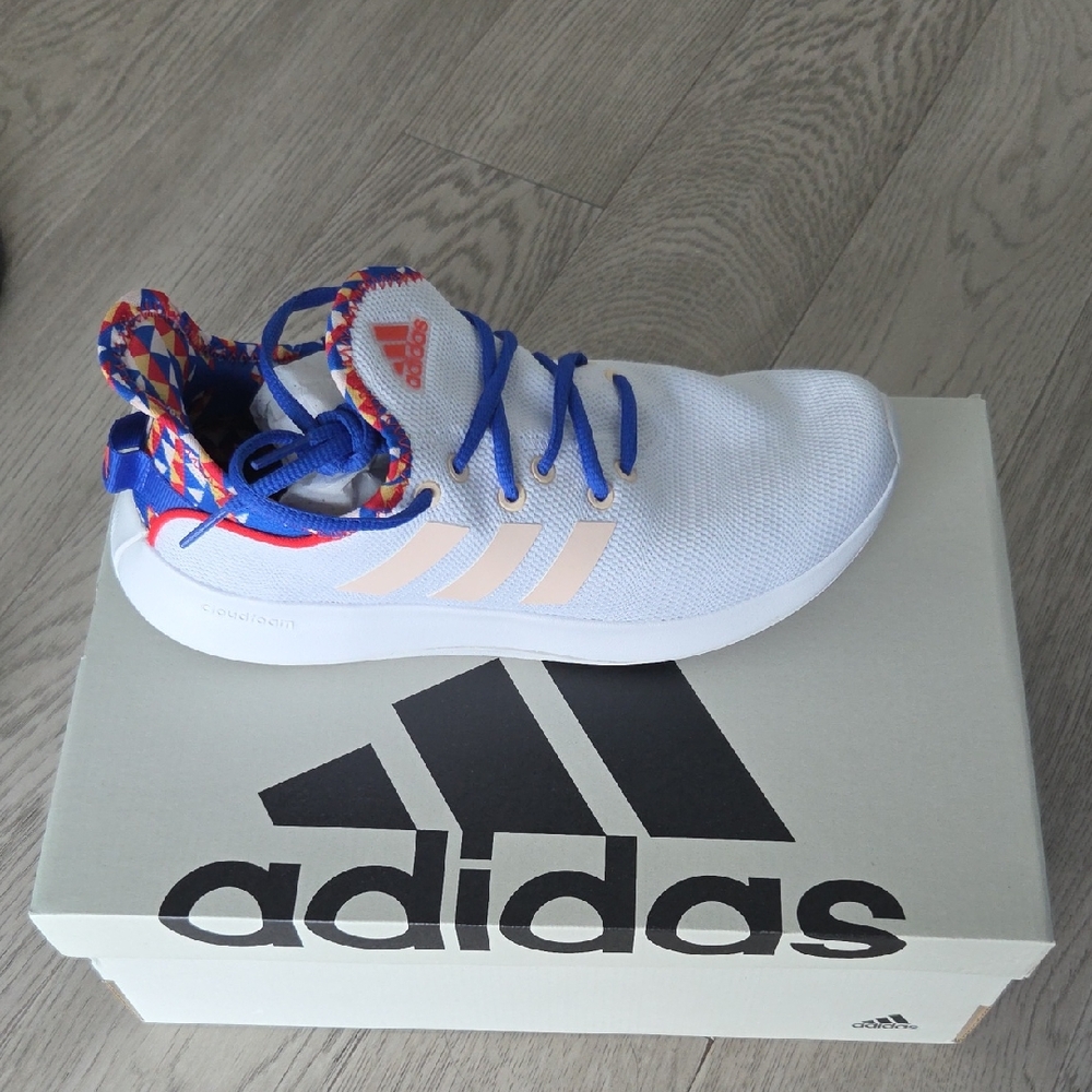 Adidas White Sneakers with Blue and Red Accents
